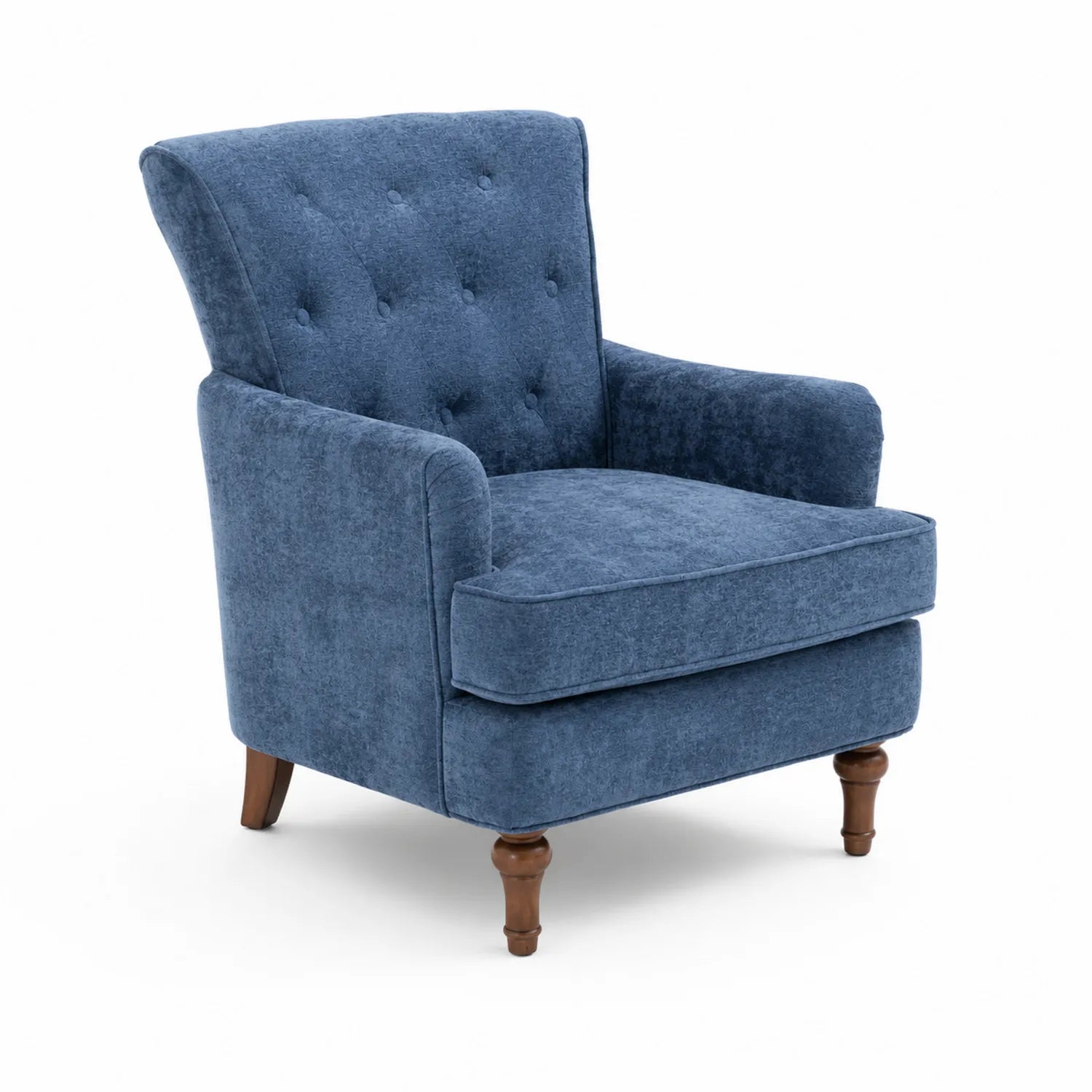Blauer Polstersessel mit Holzbeinen