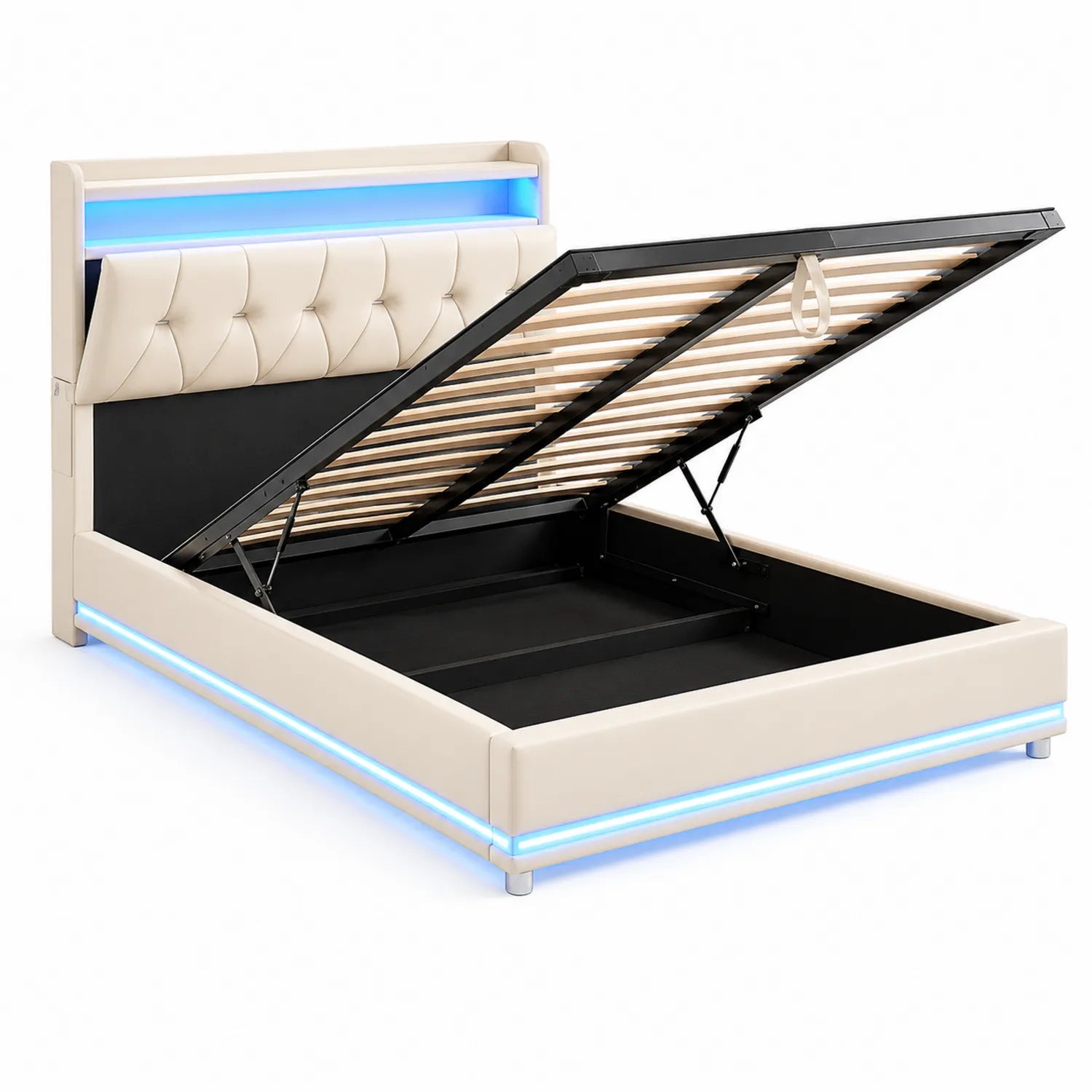 Bett mit Metallrahmen und LED-Beleuchtung in Creme Kunstleder